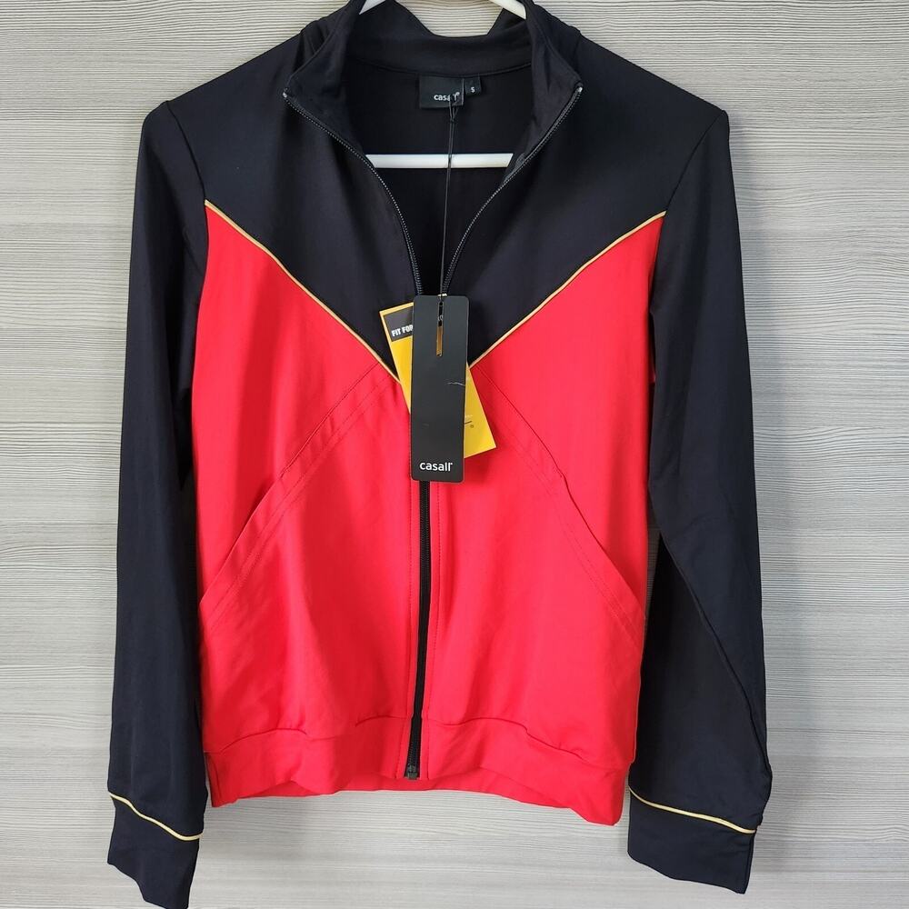 Casall Red Black Zip Jacket Sz S Light Training Track Gym Run Travel Golf Sporty